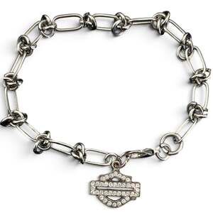 HARLEY DAVIDSON Bar & Shield Bling Charm Bracelet Rhinestone Rope Chain 7.5"